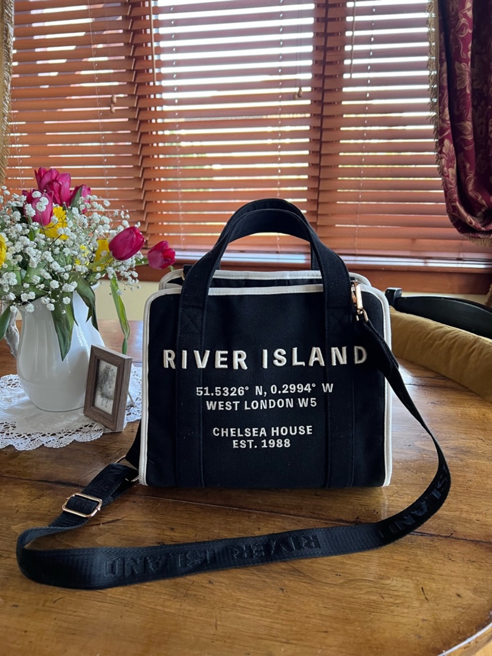 River Island Black Canvas Logo Tote with Cream Trim
